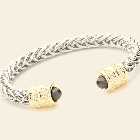 Braided Two Tone Chunky Cable Cuff Bracelet w/Black Cabochons - Picture 1 of 2